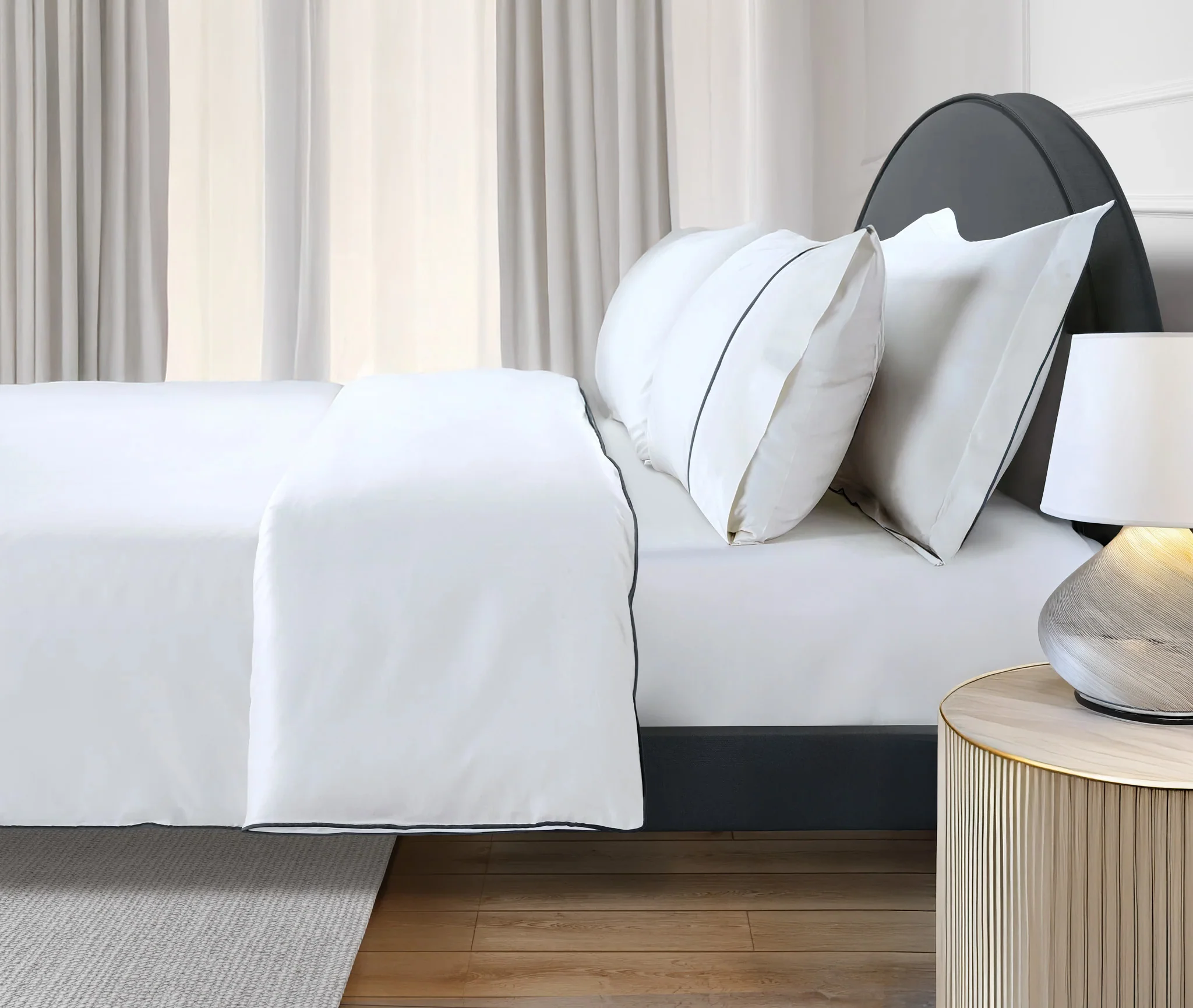 800 Thread Count Egyptian Cotton Duke of Bliss LUXE White Bedding Set - Graphite Grey Accent - Image 2
