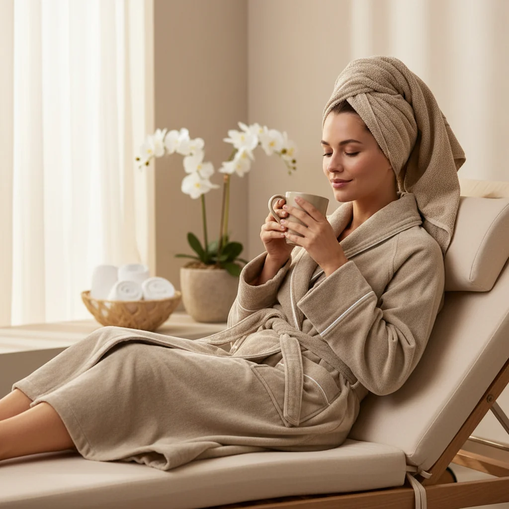 Harrow Cotton Bathrobe - Doeskin with White Pipping - Image 2